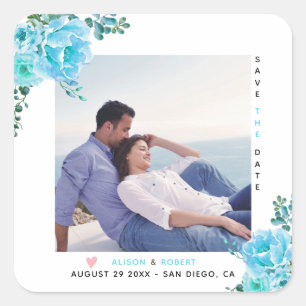 Adesivo Quadrado Flores aquáticas azuis, folhas verdes, fotografia