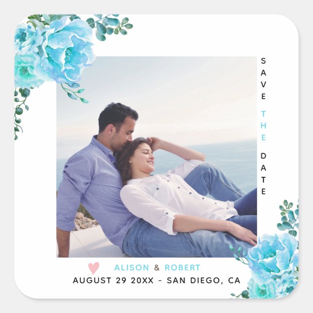 Adesivo Quadrado Flores aquáticas azuis, folhas verdes, fotografia (Frente)