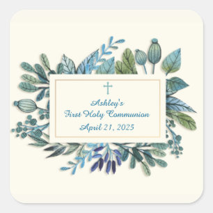 Adesivo Quadrado Flores azuis com a cruz, religiosa