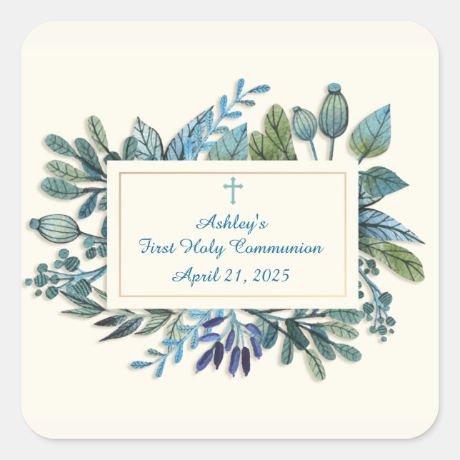 Adesivo Quadrado Flores Azuis com Cruz, Religiosa (Frente)