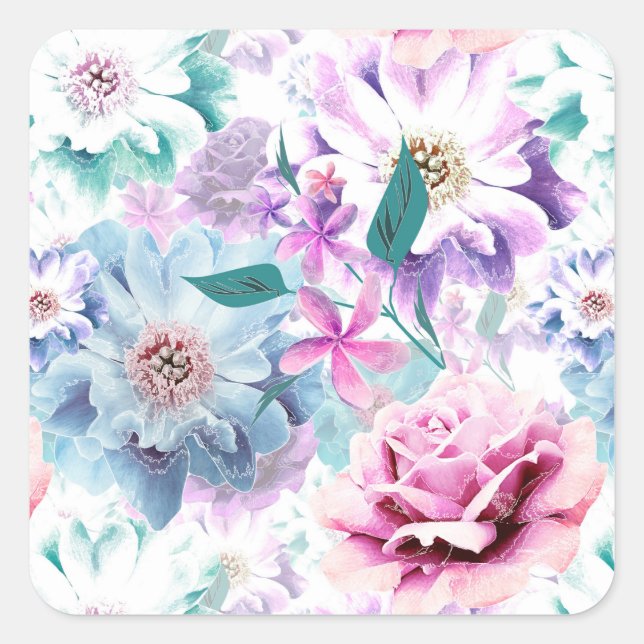 Adesivo Quadrado Flores azuis, cor de água rosa. (Frente)