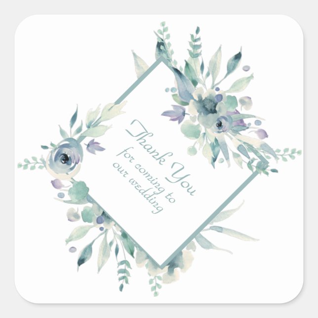 Adesivo Quadrado Flores Azuis De Aquarela Obrigado (Frente)
