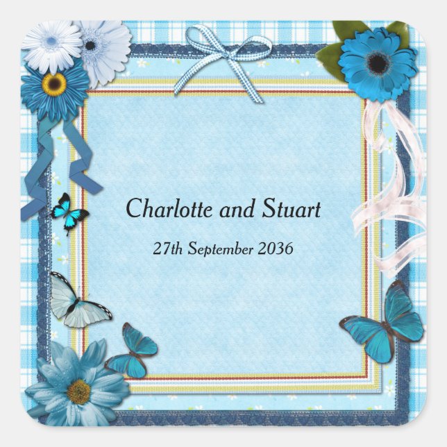 Adesivo Quadrado Flores Azuis e Borboletas (Frente)