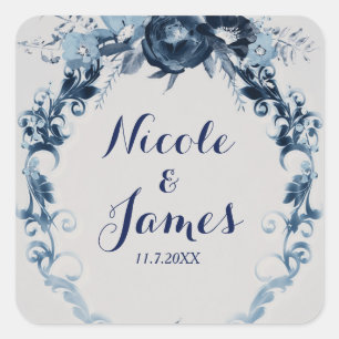 Adesivo Quadrado Flores Azuis Vintage Favor Elegante de Casamento F