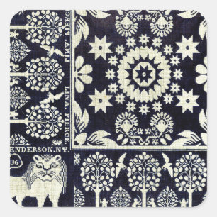 Adesivo Quadrado flores azuis vintage, flores florais, tecido, arte