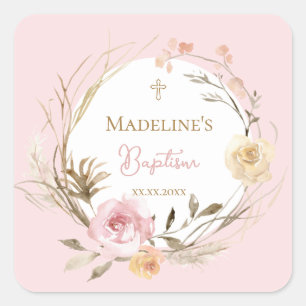 Adesivo Quadrado flores bege rosa aquarela Batismo