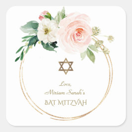 Adesivo Quadrado Flores-Blush Rosa Elegantes Bat Mitzvah Dourado