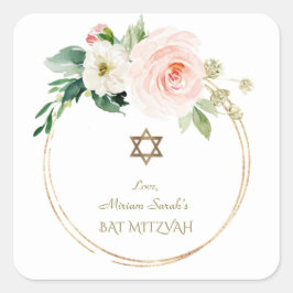 Adesivo Quadrado Flores-Blush Rosa Elegantes Bat Mitzvah Dourado