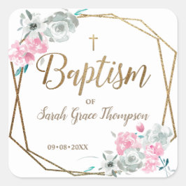 Adesivo Quadrado Flores boho Menina chama batismo dourado