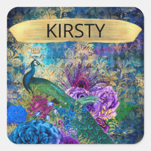 Adesivo Quadrado Flores bonito Pavão Azul-Rosa-Pintura