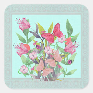 Adesivo Quadrado Flores & borboletas cor-de-rosa & vermelhas da