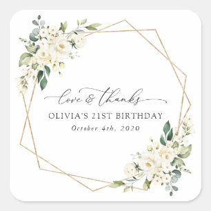 Adesivo Quadrado Flores Brancas, Flores de Creme, Boho, Aniversário