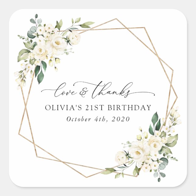 Adesivo Quadrado Flores Brancas, Flores de Creme, Boho, Aniversário (Frente)