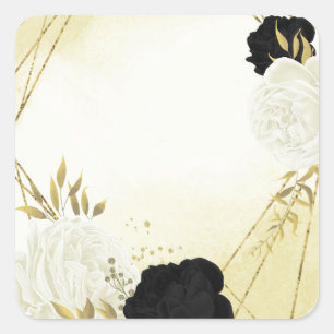 Adesivo Quadrado flores brancas pretas ouro folhas casamento