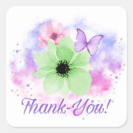 Adesivo Quadrado Flores Brilhantes e Borboleta, Fundo de Aquarela