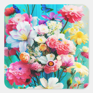 Adesivo Quadrado Flores Coloridas sobre Azul Turquesa