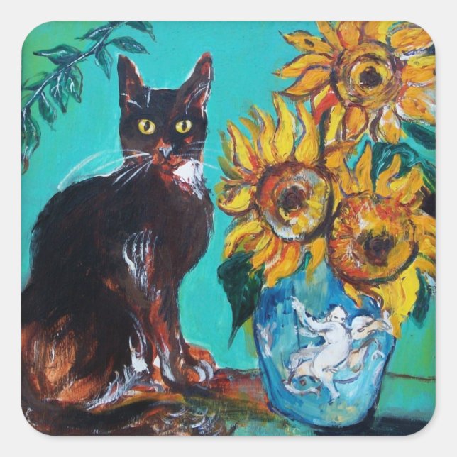 ADESIVO QUADRADO FLORES COM GATO PRETO EM TURQUOISMO AZUL (Frente)