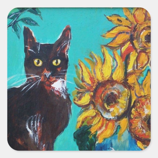 ADESIVO QUADRADO FLORES COM GATO PRETO EM TURQUOISMO AZUL (Frente)