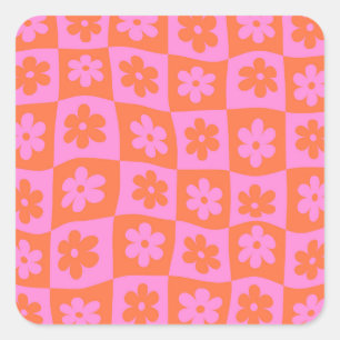 Adesivo Quadrado Flores Cor-de-Rosa e Laranja Xadrez Retrô Distorci