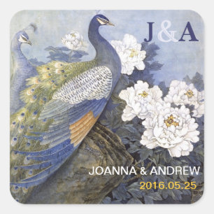 Adesivo Quadrado Flores da peônia dos pares do pavão do vintage q