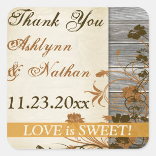 Adesivo Quadrado Flores De 1,5", Casamento De Madeira. Obrigado