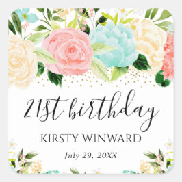 Adesivo Quadrado Flores de Aniversário Rosa e Verde em Aquarela