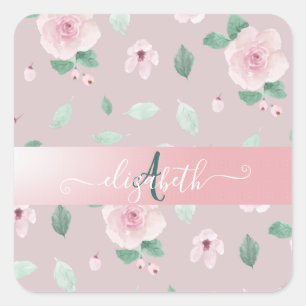 Adesivo Quadrado Flores de Aquarela Elegantes Monograma