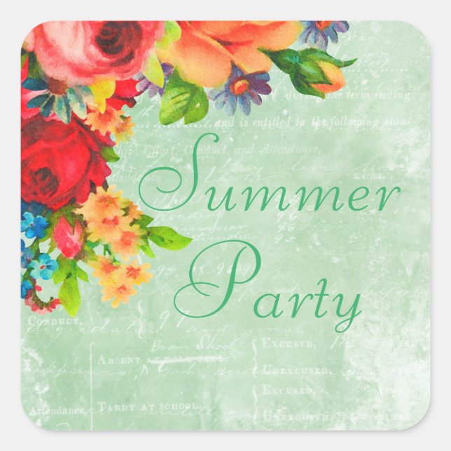 Adesivo Quadrado Flores de Aquarela Envelope Selos Quadrados (Frente)