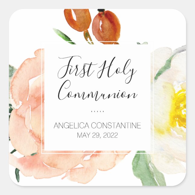 Adesivo Quadrado Flores de Aquarela Primeira Comunhão da Menina (Frente)