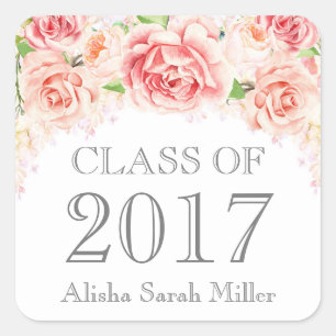Adesivo Quadrado Flores de Aquarela Rosa Classe de Graduação de 201