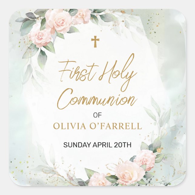 Adesivo Quadrado Flores de Aquarela Rosa Suave Primeira Comunhão Sa (Frente)