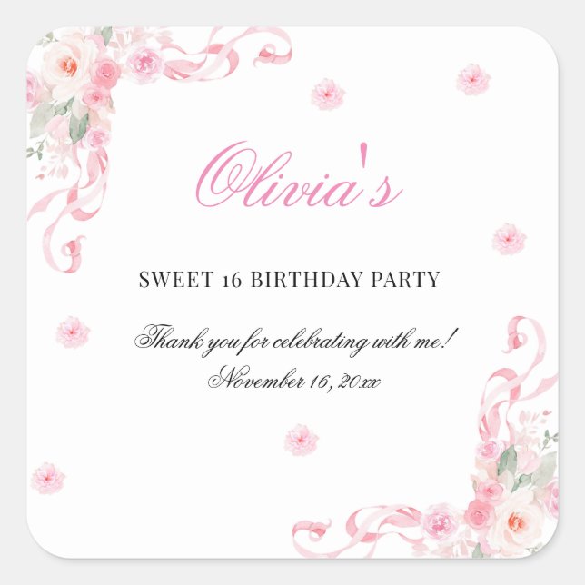 Adesivo Quadrado Flores de Arco Rosa Esbranquiçadas Doce Dezesseis  (Frente)