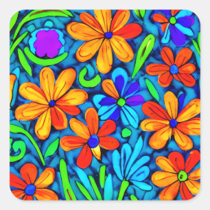 Adesivo Quadrado Flores de Arte Folclórica Brilhantes