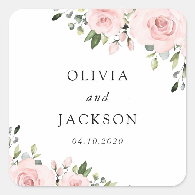 Adesivo Quadrado Flores De Blush, Flores Rosa, Verde, Casamento (Frente)