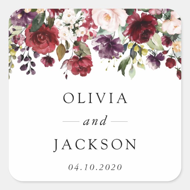 Adesivo Quadrado Flores de Borgonha, Flores Rosa, Verde, Casamento (Frente)