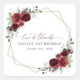 Adesivo Quadrado Flores de Borgonha, Flores Vermelhas, Boho, Aniver
