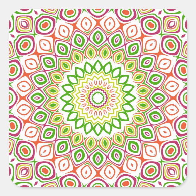 Adesivo Quadrado Flores de Caleidoscópio Rosa, Verde, Amarelo e Lar (Frente)
