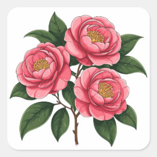 Adesivo Quadrado Flores de Camélia Rosa em Flor com Folhas Verdes