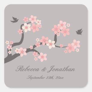 Adesivo Quadrado Flores de cerejeira cor-de-rosa/etiqueta quadrada