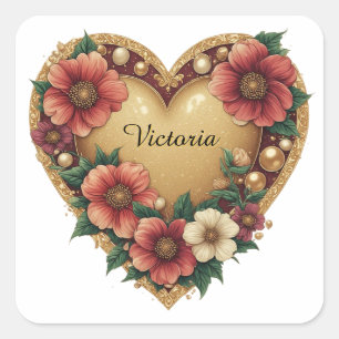 Adesivo Quadrado 💞 Flores de Coração de Ouro Românticas para Envio
