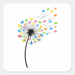 Adesivo Quadrado Flores de dandelion pássaros coloridos voando