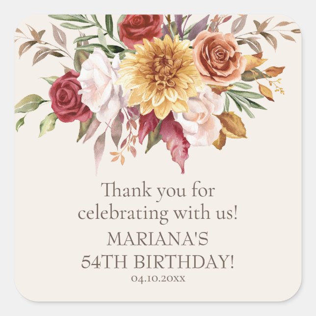 Adesivo Quadrado Flores de Folhagem de Queda Favor de Festa de aniv (Frente)