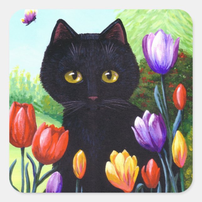 Adesivo Quadrado Flores de Gato Preto e Bonito Tulipas Criações (Frente)