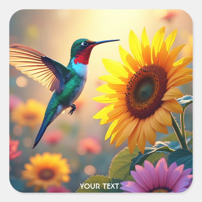 Adesivo Quadrado Flores de Girassol de Pássaro Bonito Fantasy (Frente)