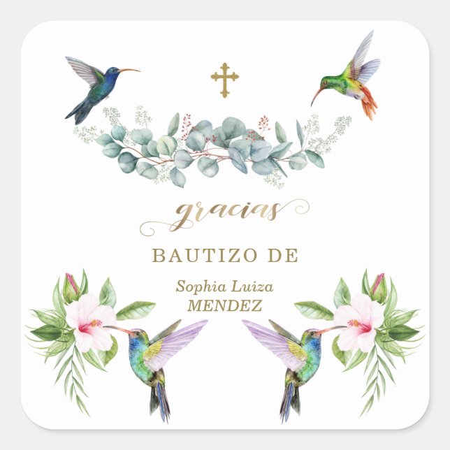 Adesivo Quadrado Flores de Hibisco Rosa Espanhol Eucalyptus Bautizo (Frente)