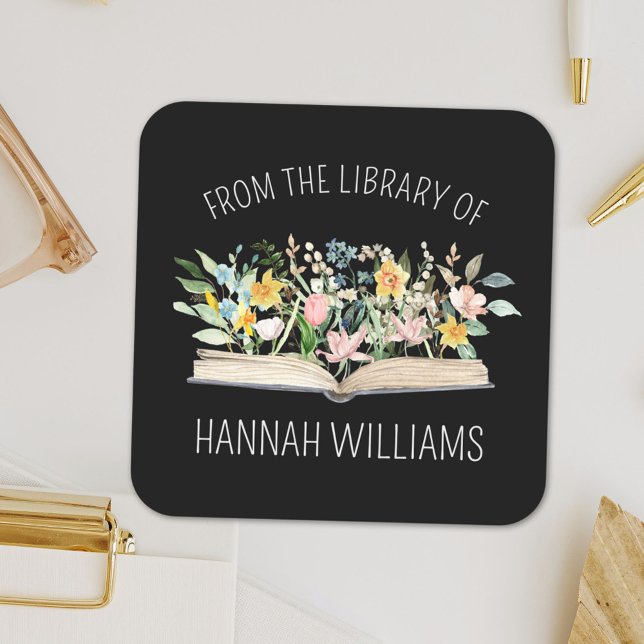 Adesivo Quadrado Flores de Livros Abertos da Biblioteca de Placas d (Close up)