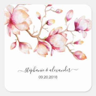 Adesivo Quadrado Flores De Magnólia Rosa De Aquarela