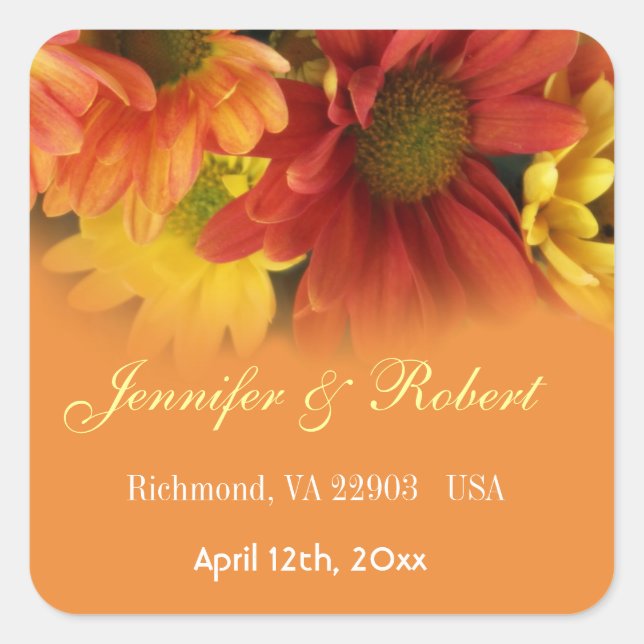 Adesivo Quadrado Flores de margarida laranja, vermelho, amarelo, fa (Frente)