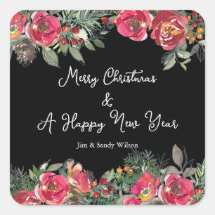 Adesivo Quadrado Flores de Natal Vermelhas Elegantes Fundo Negro