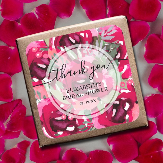 Adesivo Quadrado Flores De Pink De Aquarela Obrigado (Watercolor hot pink flowers thank you bridal shower square  stickers)